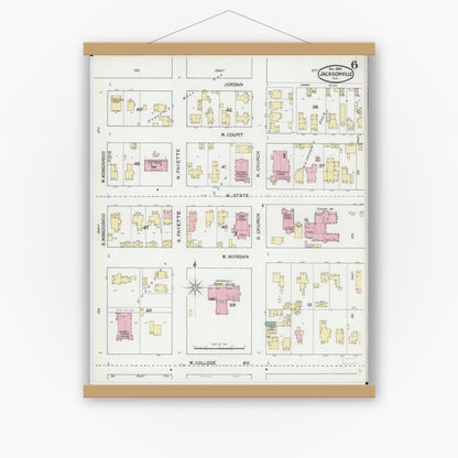 Old map wall art mockup — magnetic wood frame on white wall — Sanborn Fire Insurance Map from Jacksonville, Morgan County, Illinois (1892), Sheet #0006