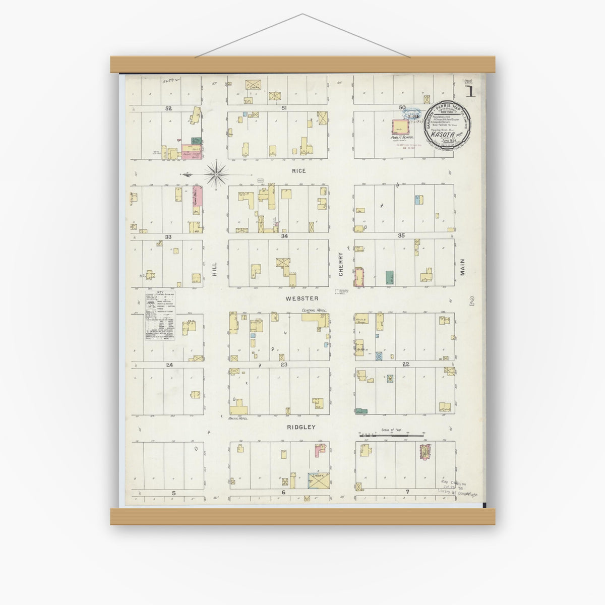 Old map wall art mockup — magnetic wood frame on white wall — Sanborn Fire Insurance Map from Kasota, Le Sueur County, Minnesota (1894), Sheet #0001