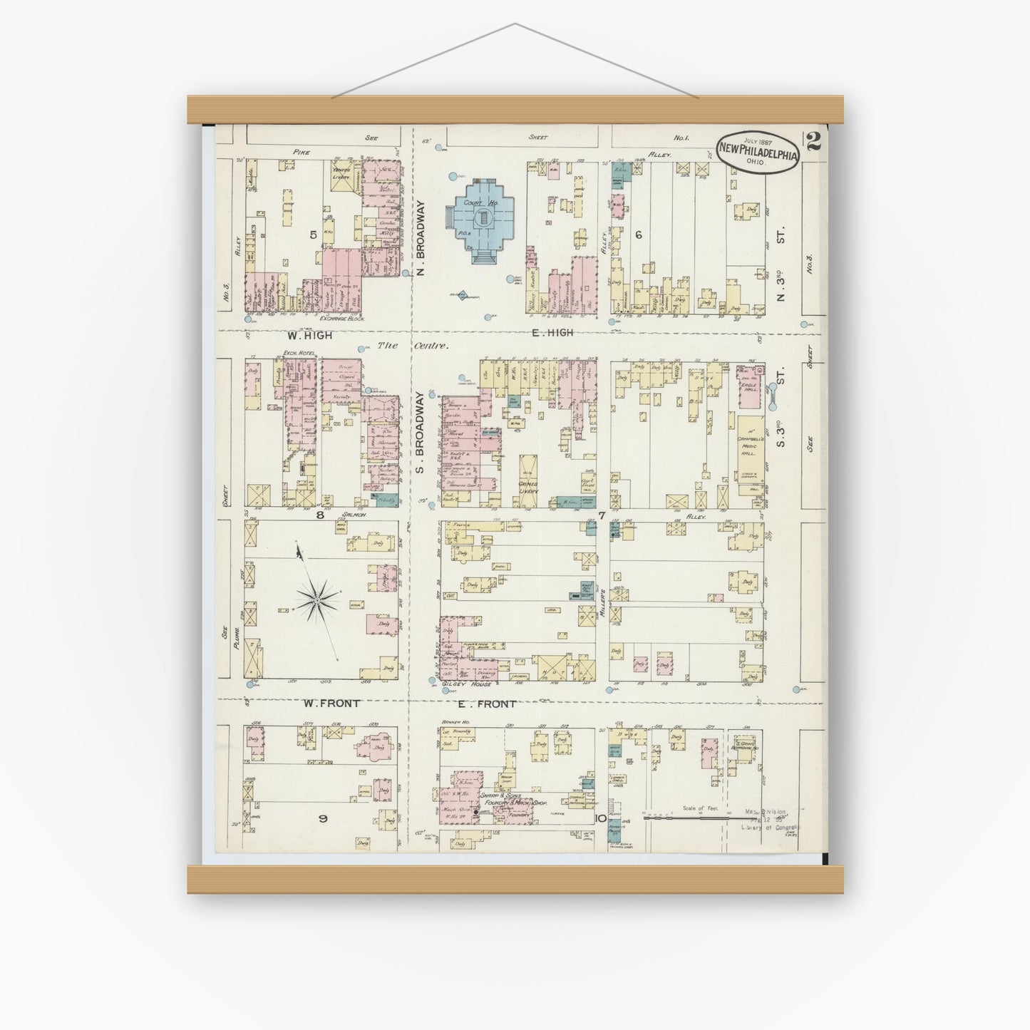 Old map wall art mockup — magnetic wood frame on white wall — Sanborn Fire Insurance Map from New Philadelphia, Tuscarawas County, Ohio (1887), Sheet #0002