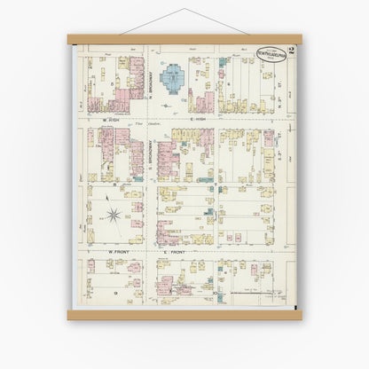 Old map wall art mockup — magnetic wood frame on white wall — Sanborn Fire Insurance Map from New Philadelphia, Tuscarawas County, Ohio (1887), Sheet #0002