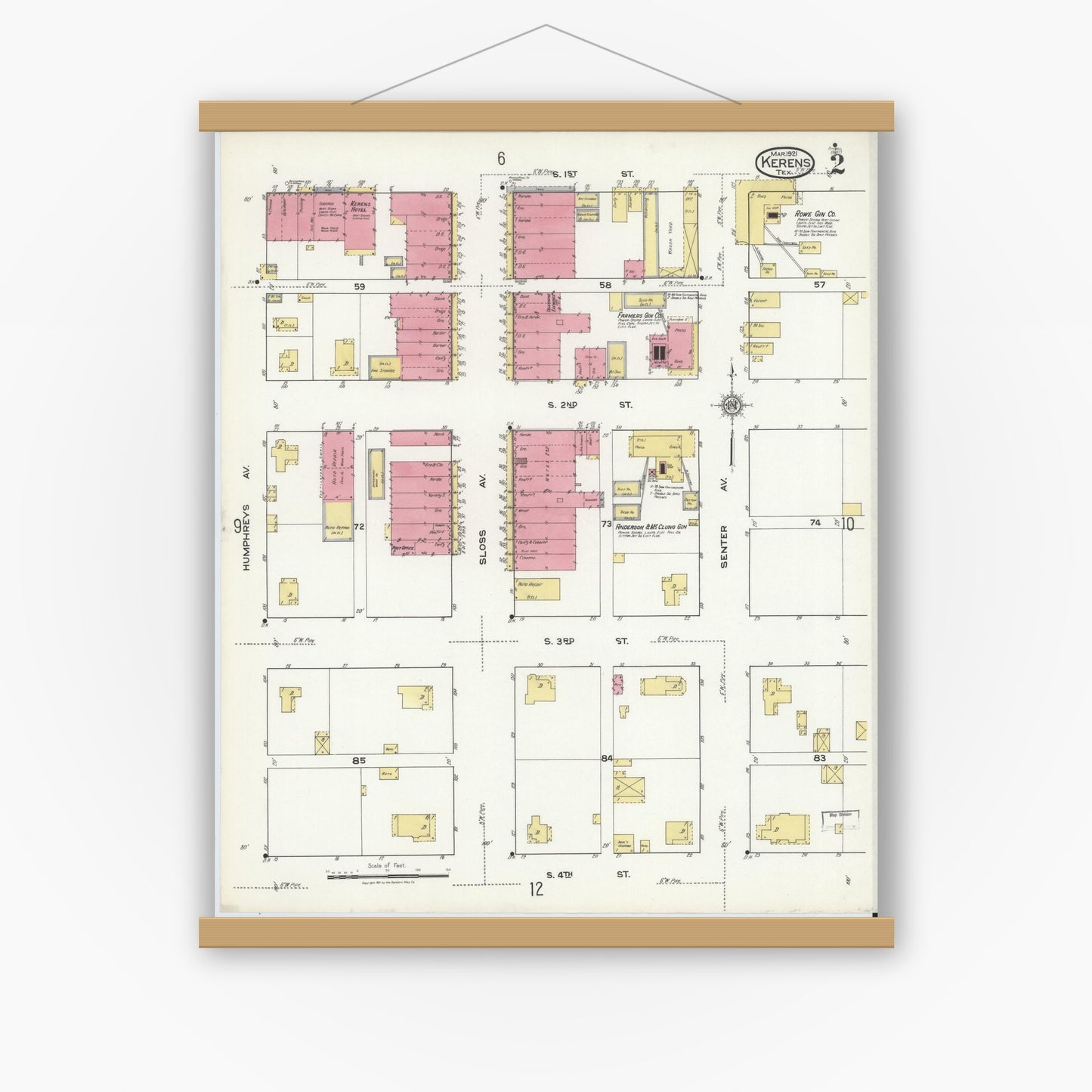 Old map wall art mockup — magnetic wood frame on white wall — Sanborn Fire Insurance Map from Kerens, Navarro County, Texas (1921), Sheet #0002