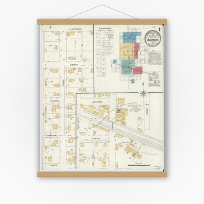 Old map wall art mockup — magnetic wood frame on white wall — Sanborn Fire Insurance Map from Bourbon, Marshall County, Indiana (1905) - Complete Map Set