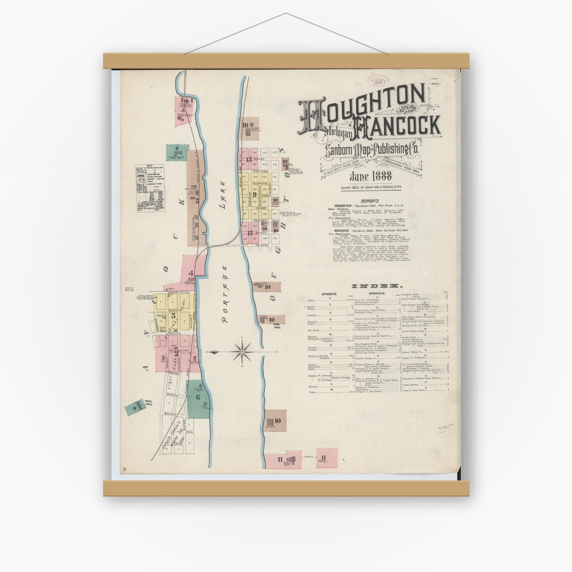 Old map wall art mockup — magnetic wood frame on white wall — Sanborn Fire Insurance Map from Houghton, Houghton County, Michigan (1888), Sheet #0001