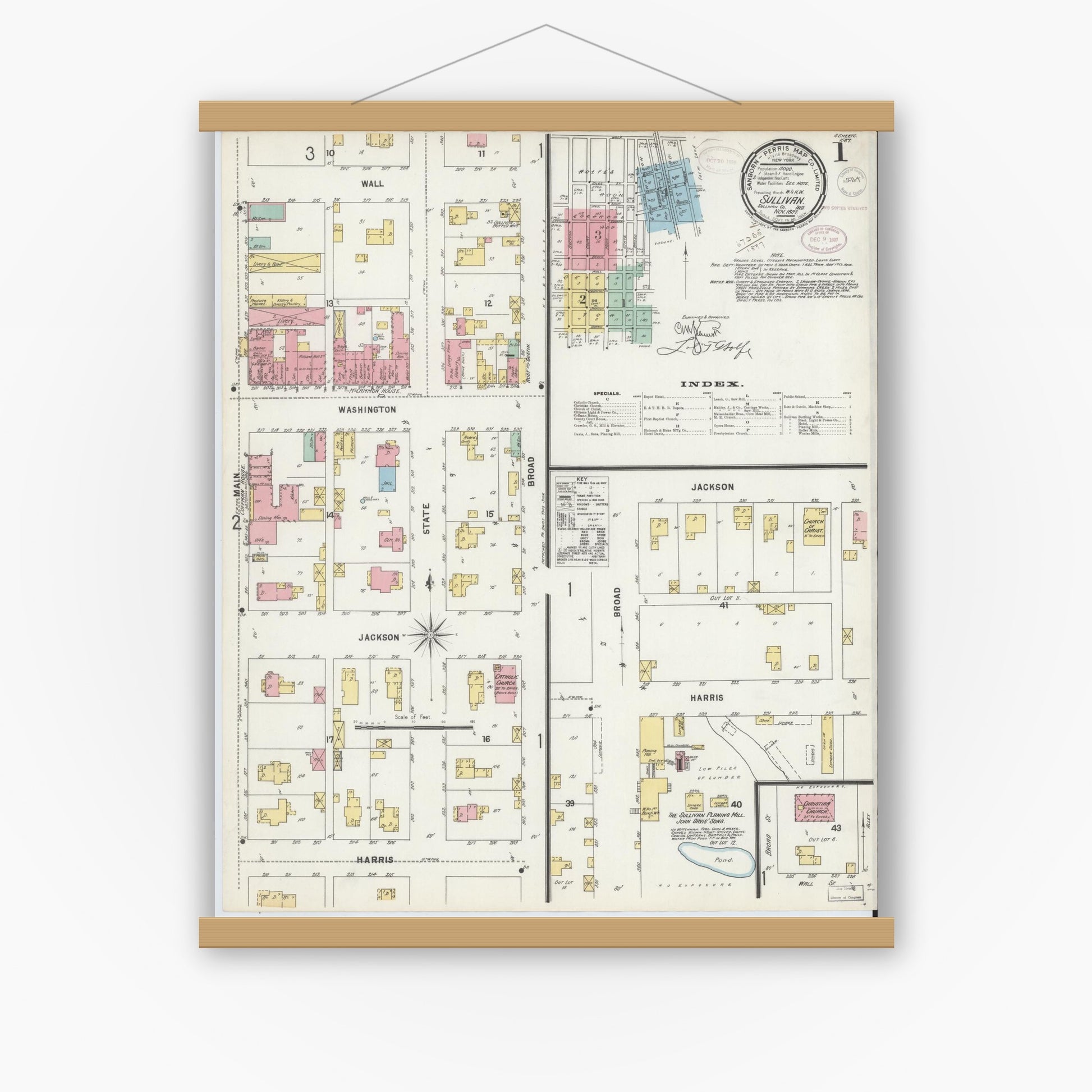Old map wall art mockup — magnetic wood frame on white wall — Sanborn Fire Insurance Map from Sullivan, Sullivan County, Indiana (1897), Sheet #0001