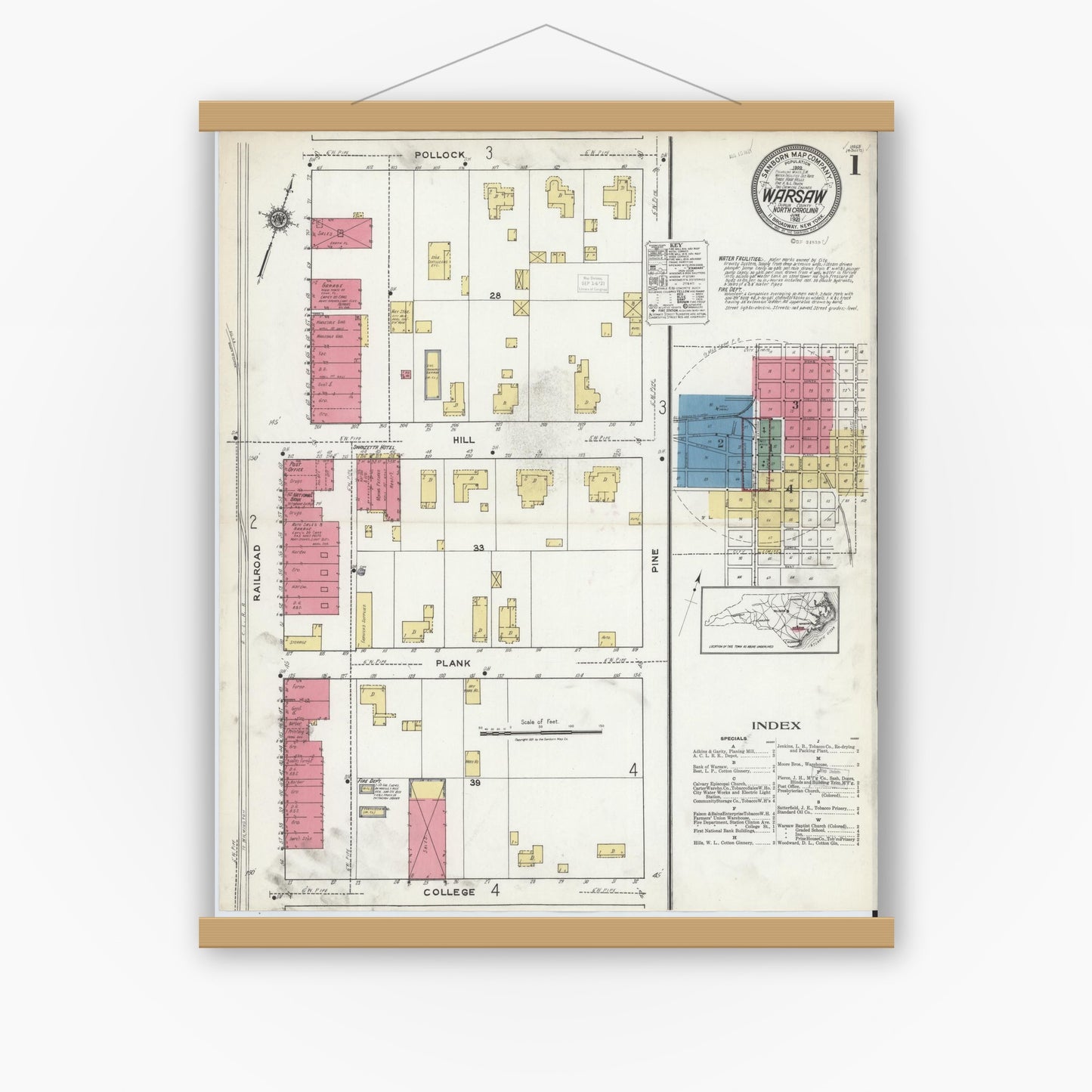 Old map wall art mockup — magnetic wood frame on white wall — Sanborn Fire Insurance Map from Warsaw, Duplin County, North Carolina (1921) - Complete Map Set