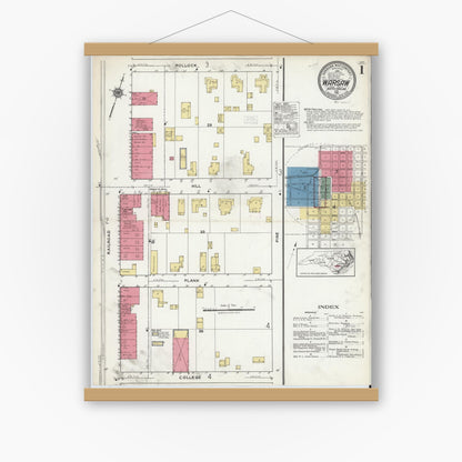 Old map wall art mockup — magnetic wood frame on white wall — Sanborn Fire Insurance Map from Warsaw, Duplin County, North Carolina (1921) - Complete Map Set