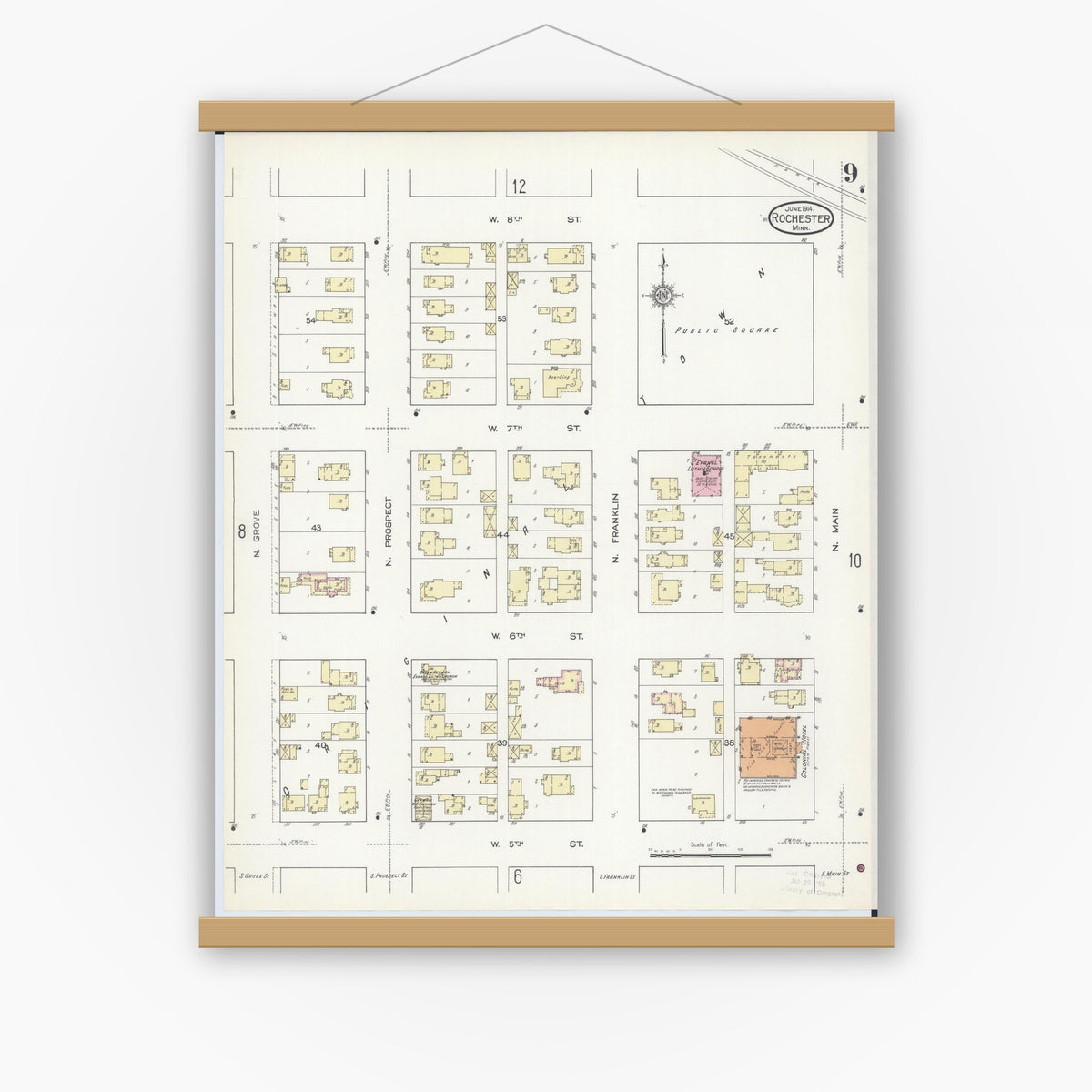 Old map wall art mockup — magnetic wood frame on white wall — Sanborn Fire Insurance Map from Rochester, Olmsted County, Minnesota (1914), Sheet #0009