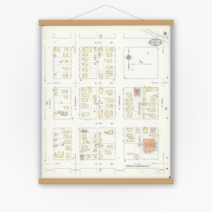 Old map wall art mockup — magnetic wood frame on white wall — Sanborn Fire Insurance Map from Rochester, Olmsted County, Minnesota (1914), Sheet #0009