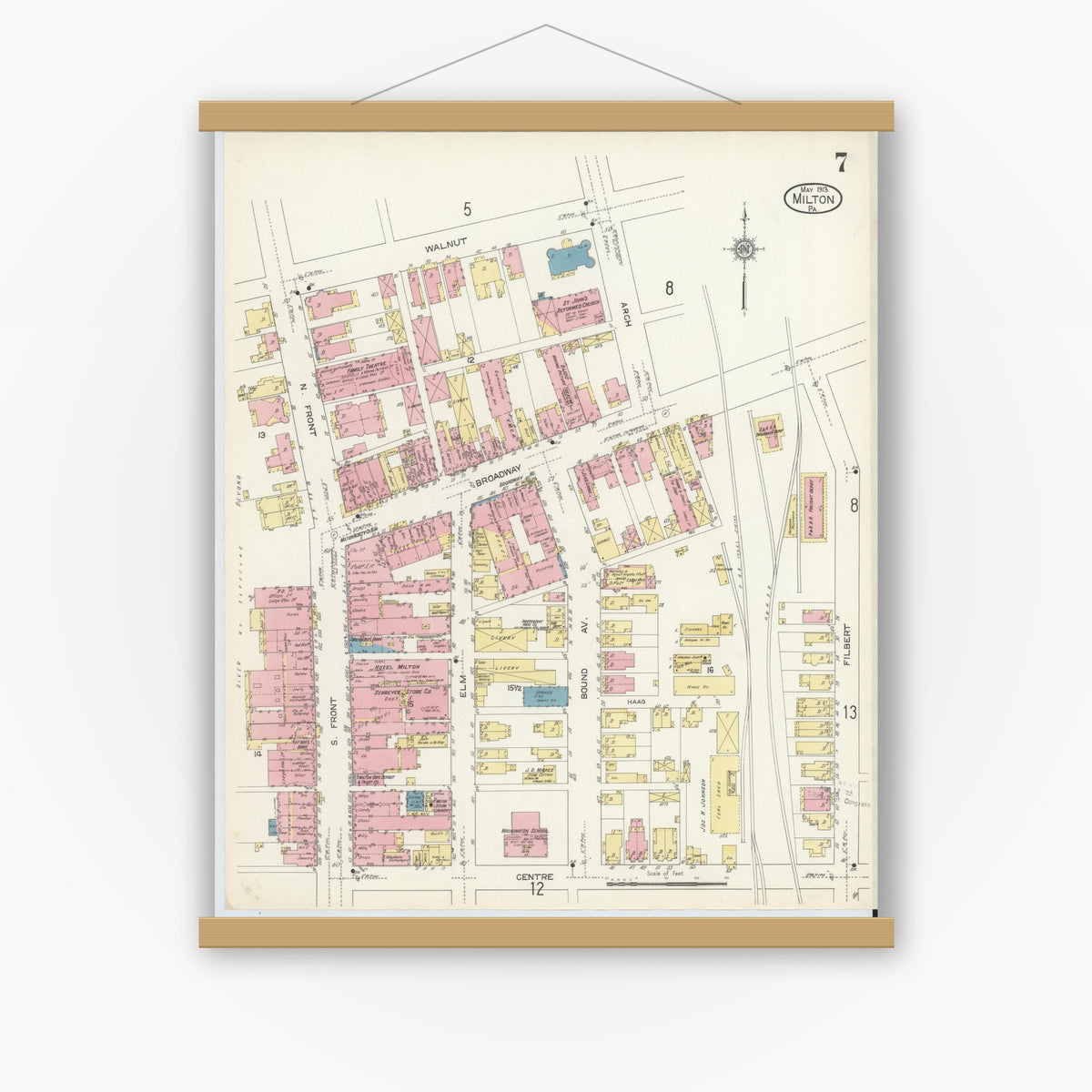 Old map wall art mockup — magnetic wood frame on white wall — Sanborn Fire Insurance Map from Milton, Northumberland County, Pennsylvania (1913), Sheet #0007