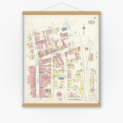 Old map wall art mockup — magnetic wood frame on white wall — Sanborn Fire Insurance Map from Milton, Northumberland County, Pennsylvania (1913), Sheet #0007