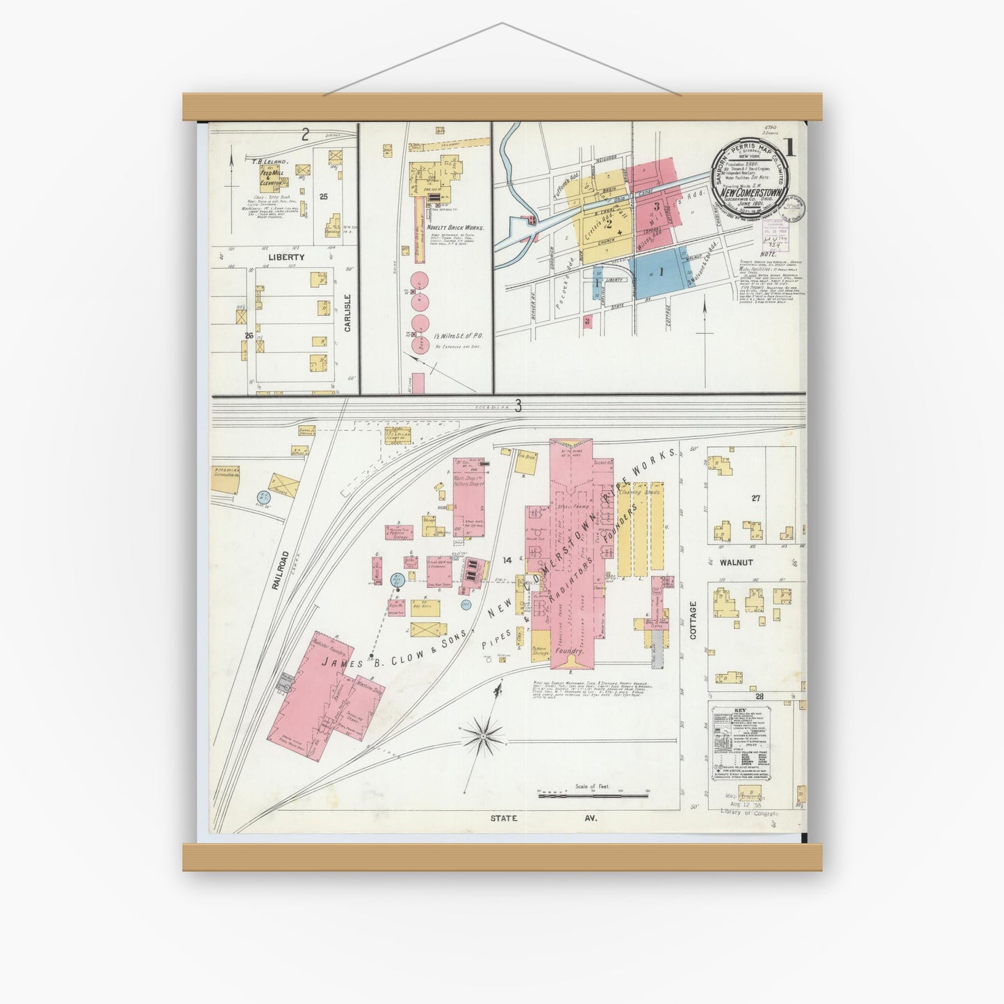 Old map wall art mockup — magnetic wood frame on white wall — Sanborn Fire Insurance Map from Newcomerstown, Tuscarawas County, Ohio (1901), Sheet #0001