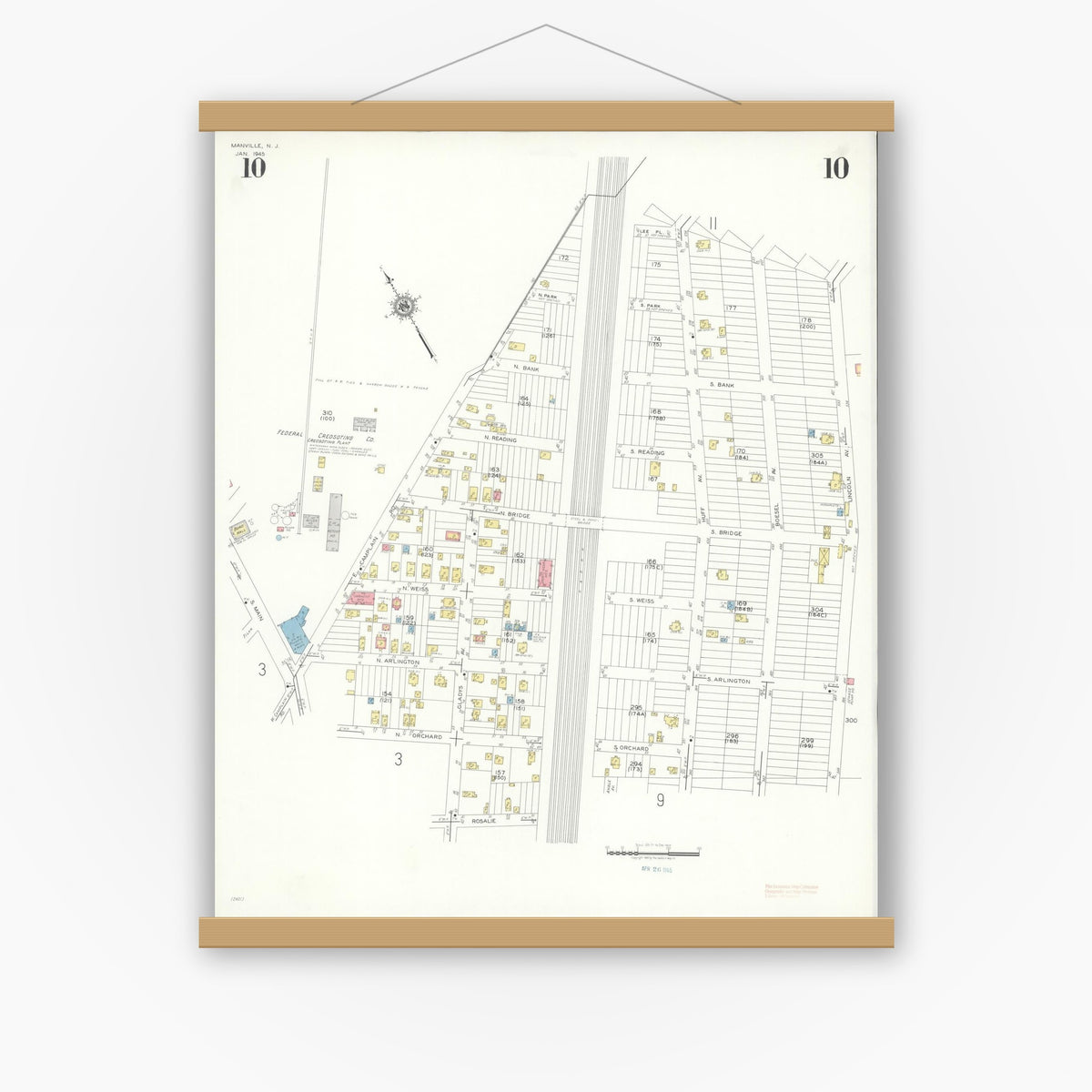 Old map wall art mockup — magnetic wood frame on white wall — Sanborn Fire Insurance Map from Manville, Somerset County, New Jersey (1945), Sheet #0010