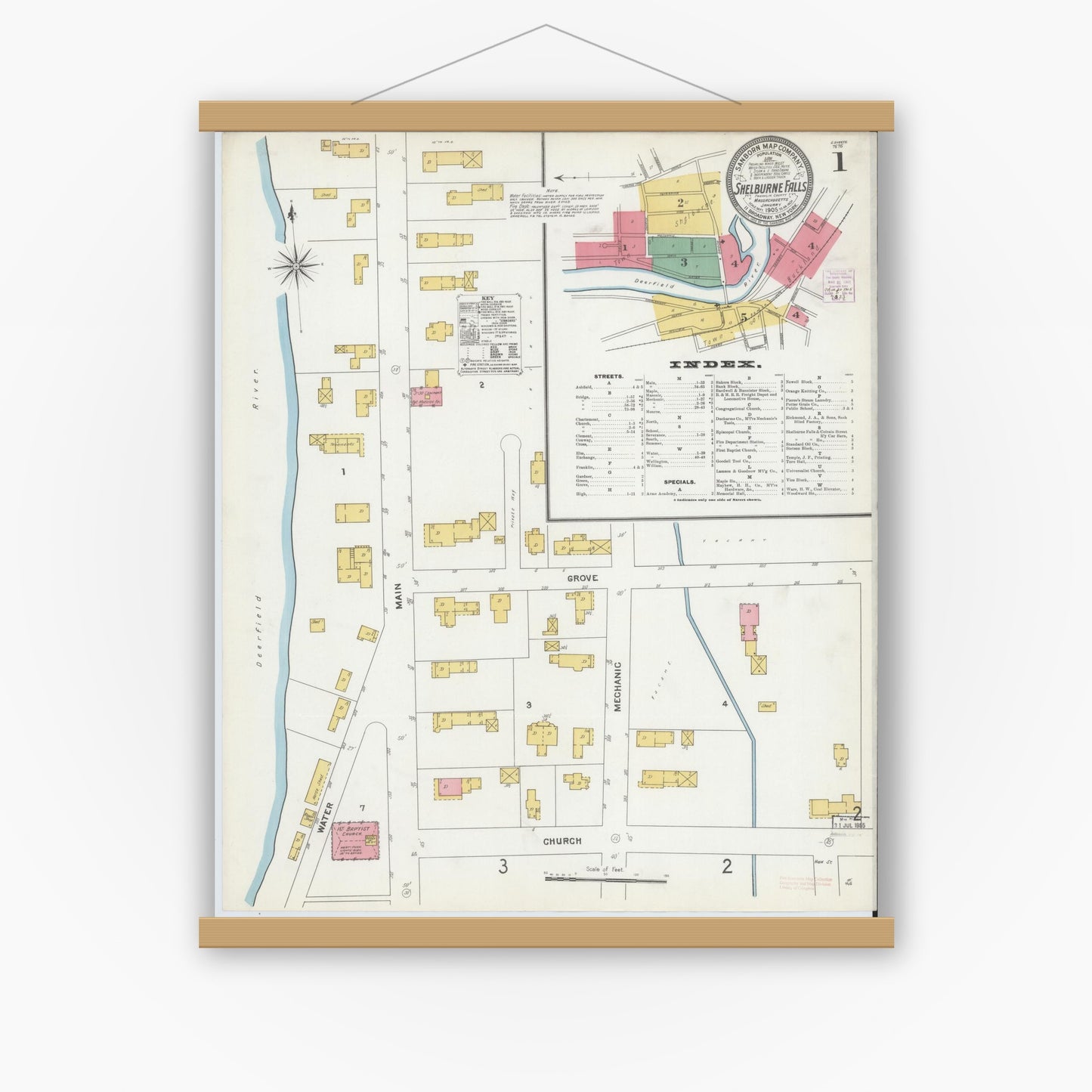 Old map wall art mockup — magnetic wood frame on white wall — Sanborn Fire Insurance Map from Shelburne Falls, Franklin County, Massachusetts (1905), Sheet #0001