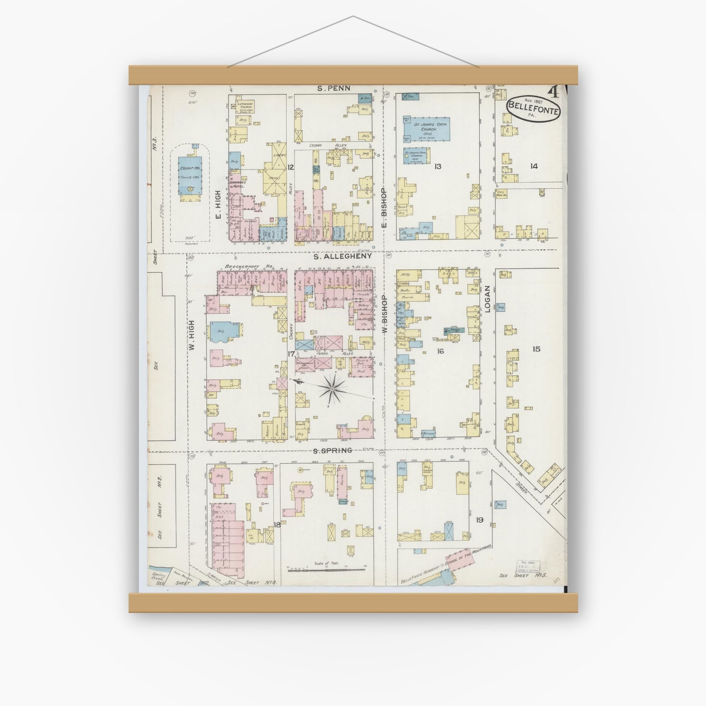 Old map wall art mockup — magnetic wood frame on white wall — Sanborn Fire Insurance Map from Bellefonte, Centre County, Pennsylvania (1887), Sheet #0004