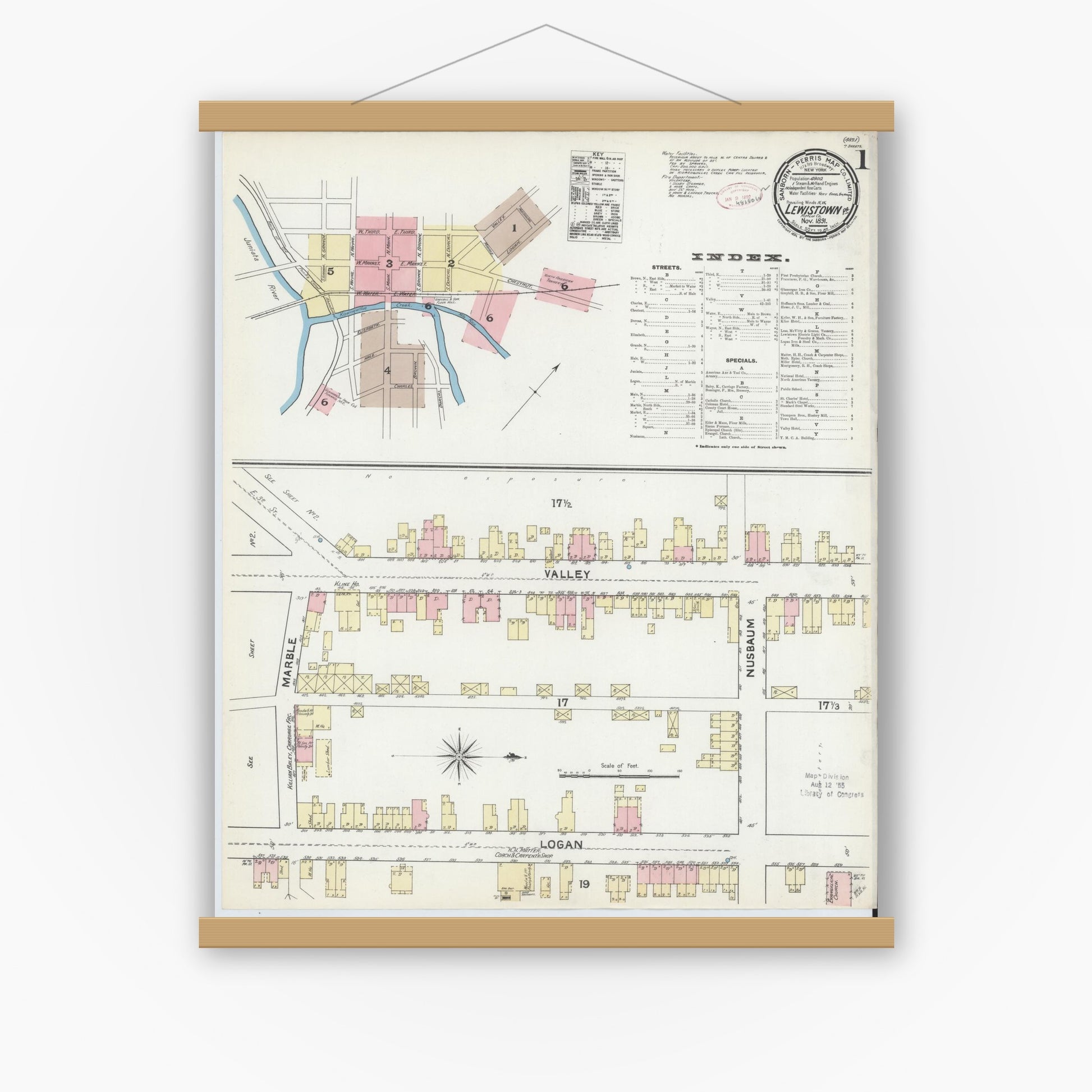 Old map wall art mockup — magnetic wood frame on white wall — Sanborn Fire Insurance Map from Lewistown, Mifflin County, Pennsylvania (1891), Sheet #0001
