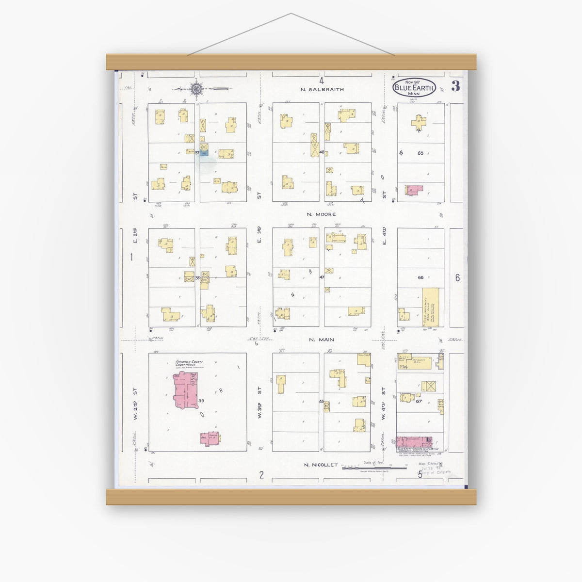 Old map wall art mockup — magnetic wood frame on white wall — Sanborn Fire Insurance Map from Blue Earth, Faribault County, Minnesota (1917), Sheet #0003