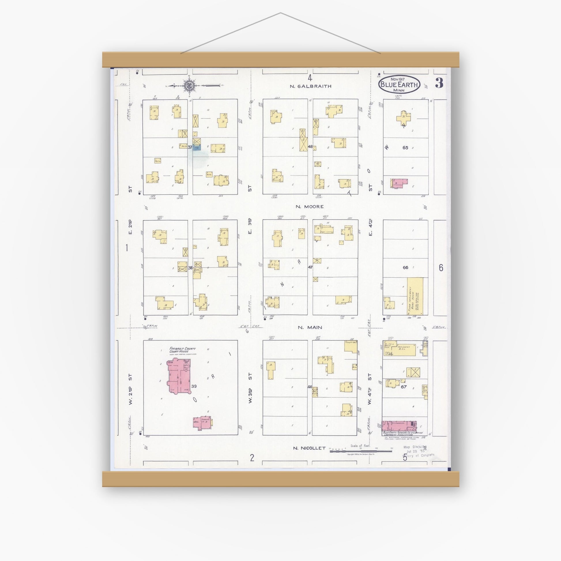 Old map wall art mockup — magnetic wood frame on white wall — Sanborn Fire Insurance Map from Blue Earth, Faribault County, Minnesota (1917), Sheet #0003