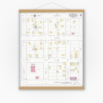 Old map wall art mockup — magnetic wood frame on white wall — Sanborn Fire Insurance Map from Blue Earth, Faribault County, Minnesota (1917), Sheet #0003