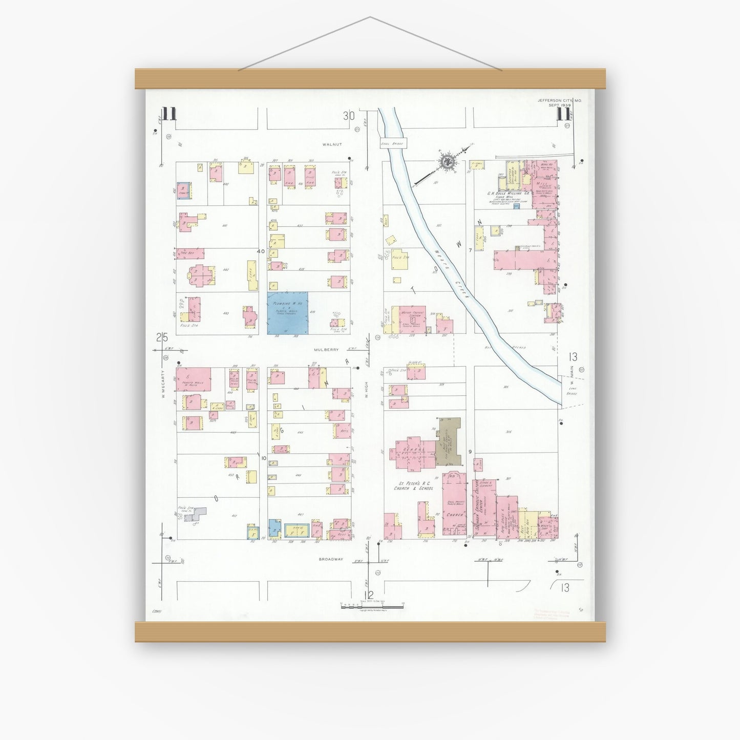 Old map wall art mockup — magnetic wood frame on white wall — Sanborn Fire Insurance Map from Jefferson City, Cole County, Missouri (1939), Sheet #0011