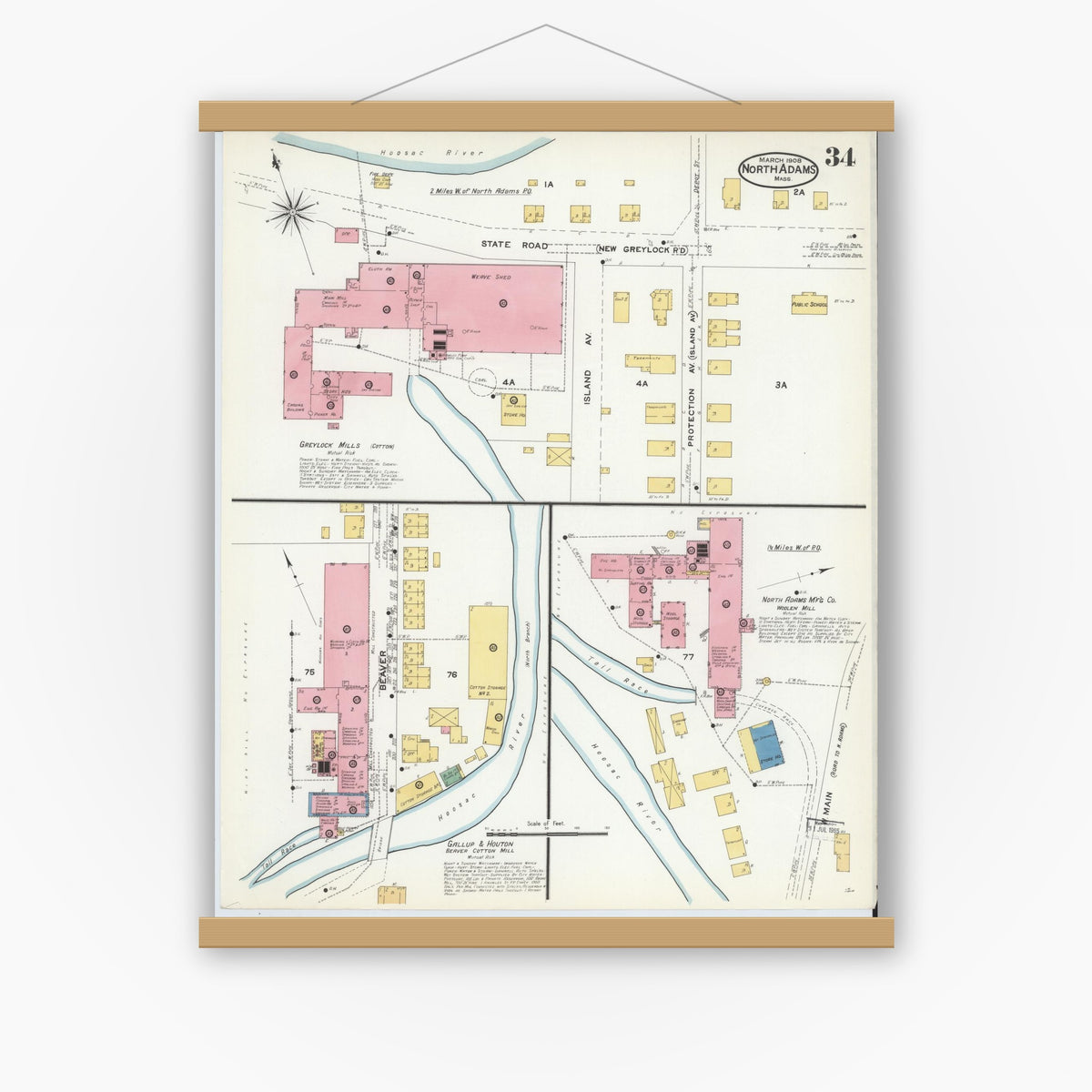 Old map wall art mockup — magnetic wood frame on white wall — Sanborn Fire Insurance Map from North Adams, Berkshire County, Massachusetts (1908), Sheet #0034