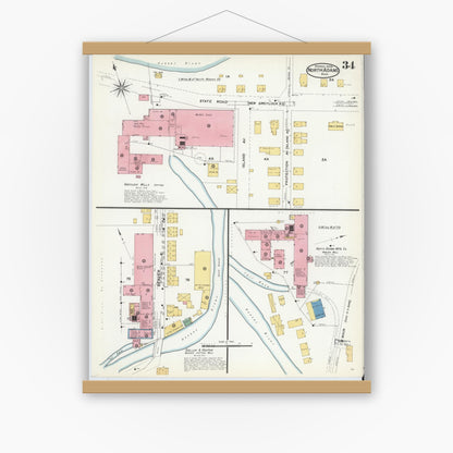Old map wall art mockup — magnetic wood frame on white wall — Sanborn Fire Insurance Map from North Adams, Berkshire County, Massachusetts (1908), Sheet #0034