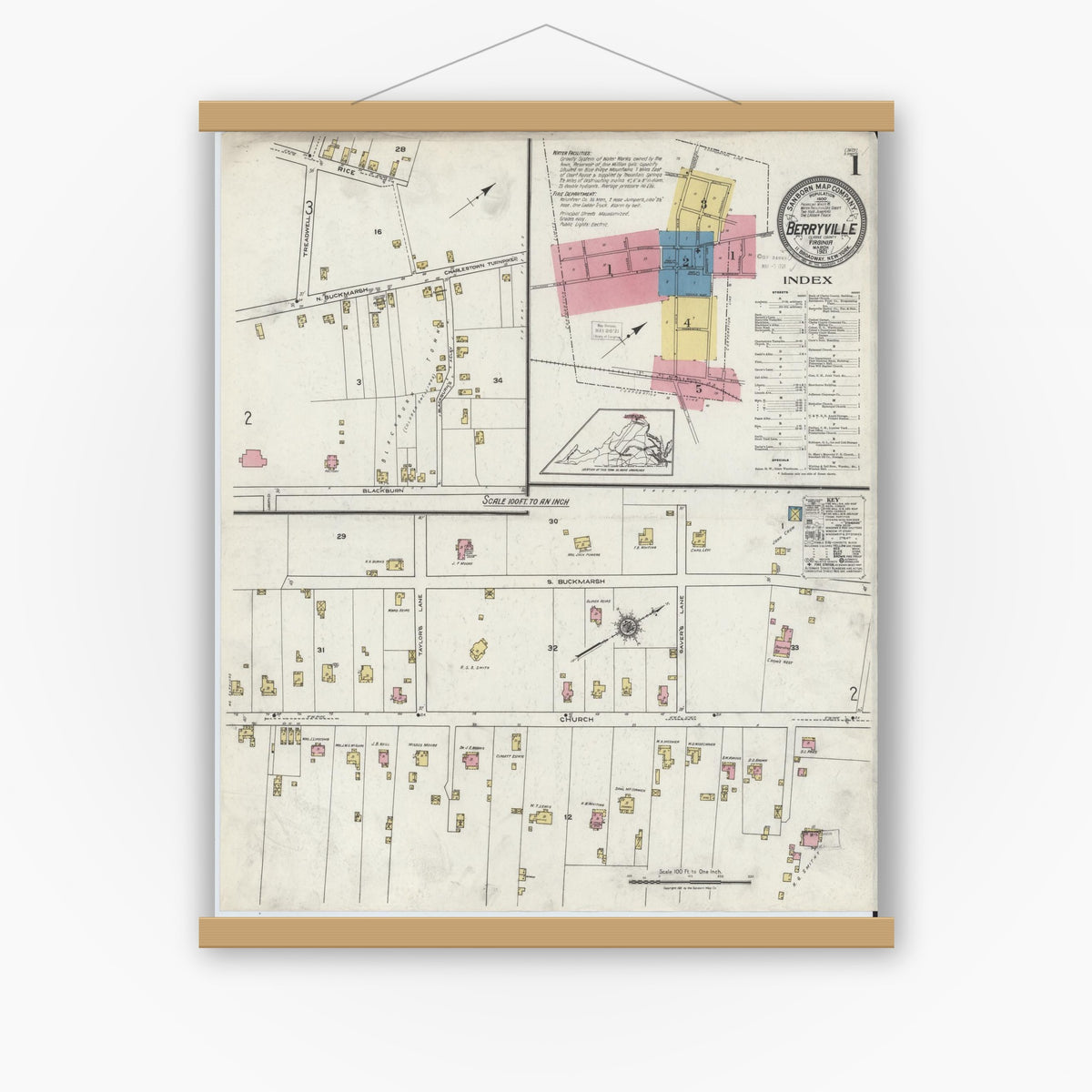 Old map wall art mockup — magnetic wood frame on white wall — Sanborn Fire Insurance Map from Berryville, Clark County, Virginia (1921), Sheet #0001