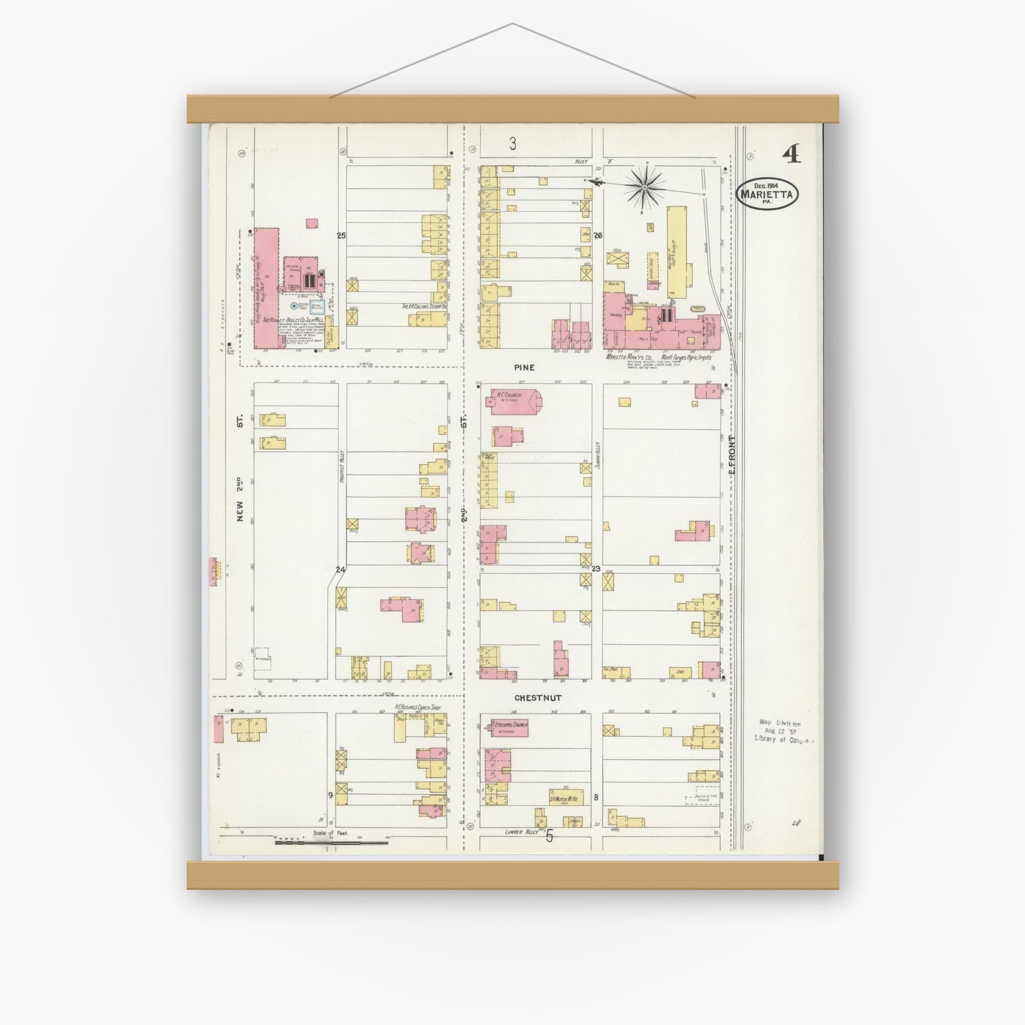 Old map wall art mockup — magnetic wood frame on white wall — Sanborn Fire Insurance Map from Marietta, Lancaster County, Pennsylvania (1904), Sheet #0004
