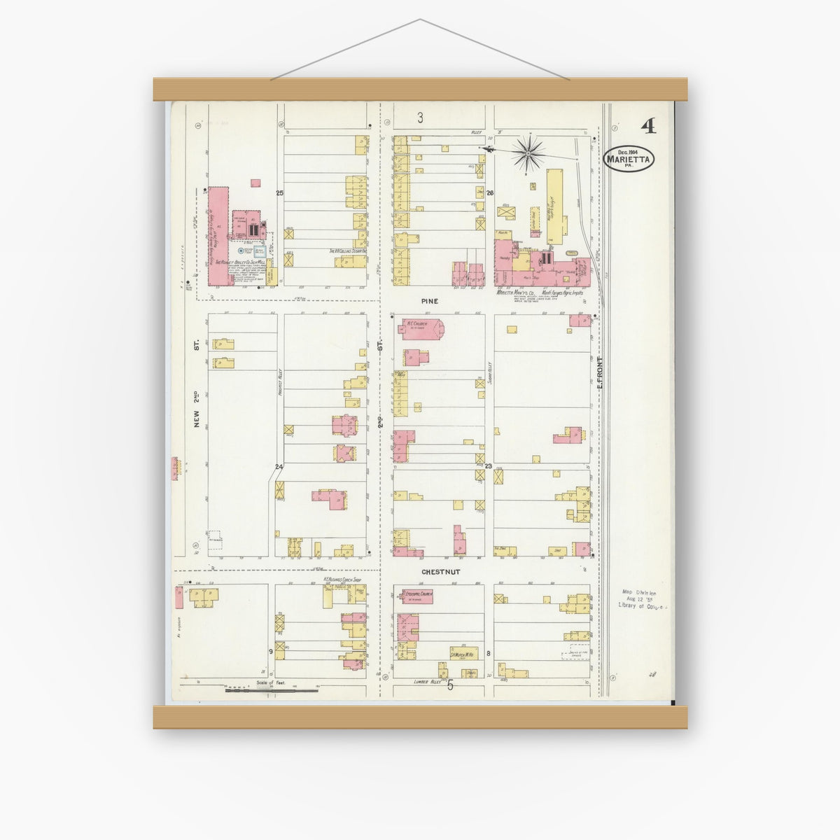 Old map wall art mockup — magnetic wood frame on white wall — Sanborn Fire Insurance Map from Marietta, Lancaster County, Pennsylvania (1904), Sheet #0004
