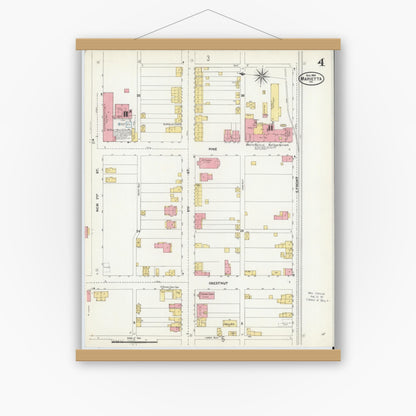 Old map wall art mockup — magnetic wood frame on white wall — Sanborn Fire Insurance Map from Marietta, Lancaster County, Pennsylvania (1904), Sheet #0004