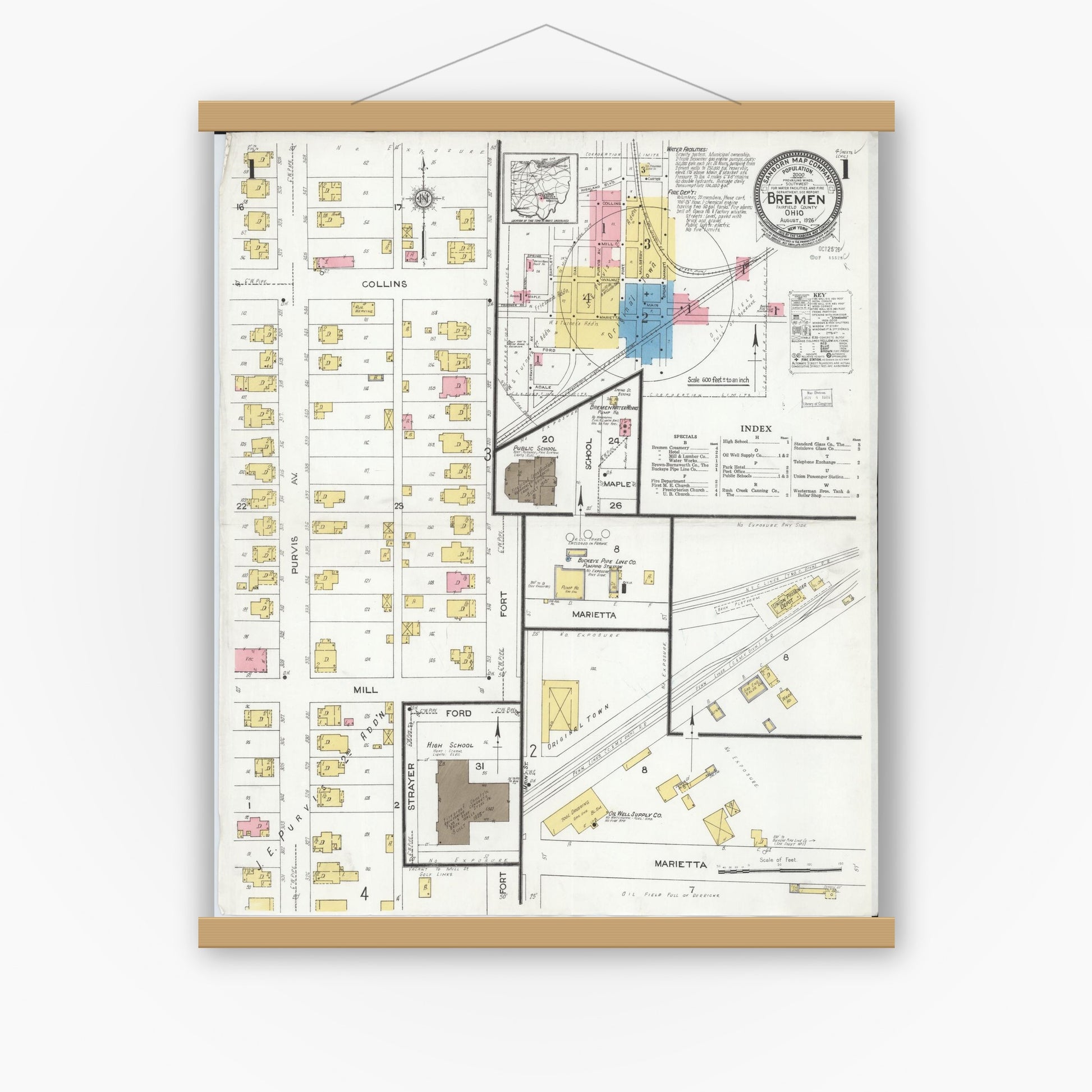 Old map wall art mockup — magnetic wood frame on white wall — Sanborn Fire Insurance Map from Bremen, Fairfield County, Ohio (1926), Sheet #0001