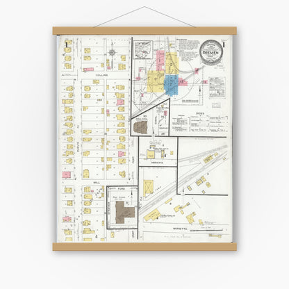 Old map wall art mockup — magnetic wood frame on white wall — Sanborn Fire Insurance Map from Bremen, Fairfield County, Ohio (1926), Sheet #0001