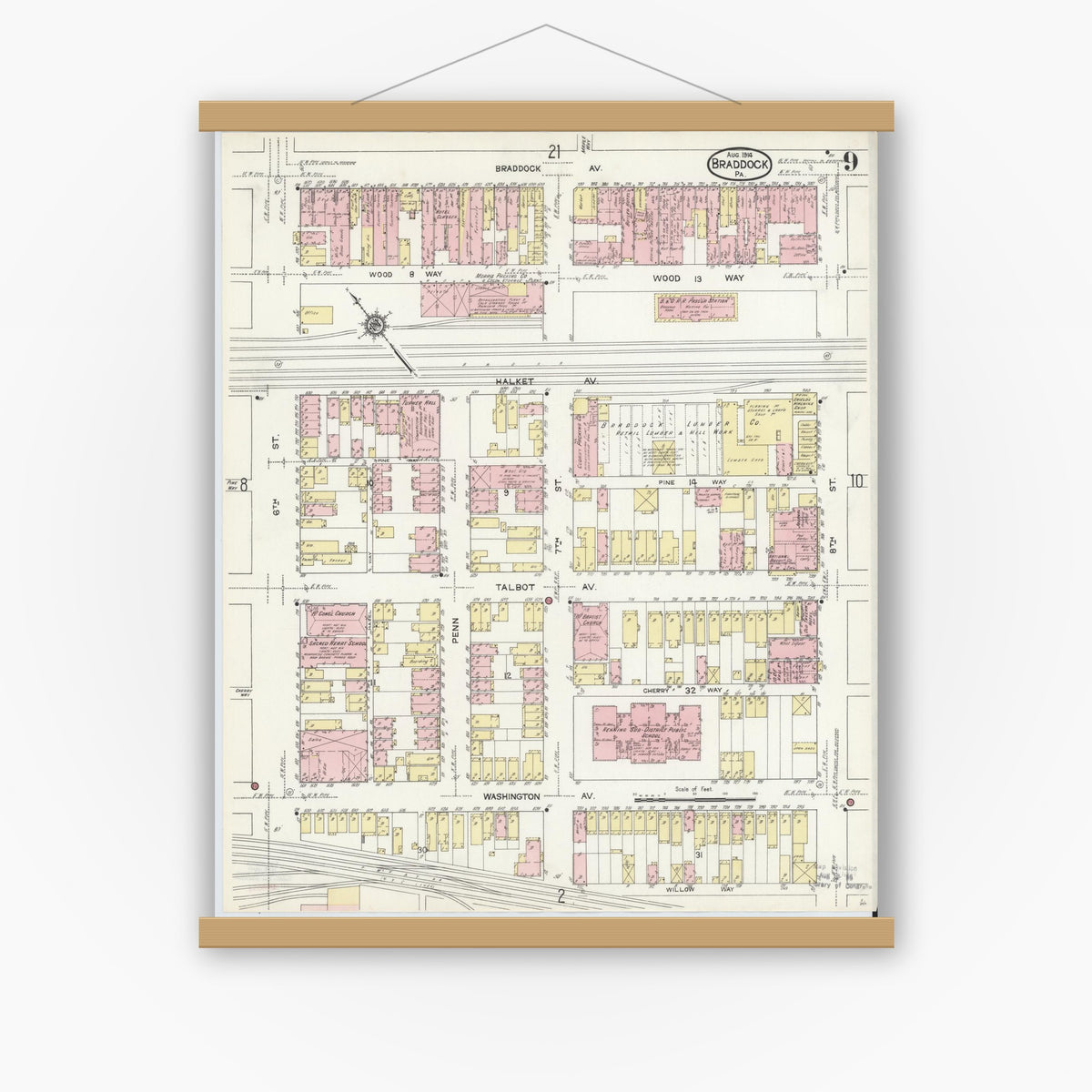 Old map wall art mockup — magnetic wood frame on white wall — Sanborn Fire Insurance Map from Braddock, Allegheny County, Pennsylvania (1914), Sheet #0009
