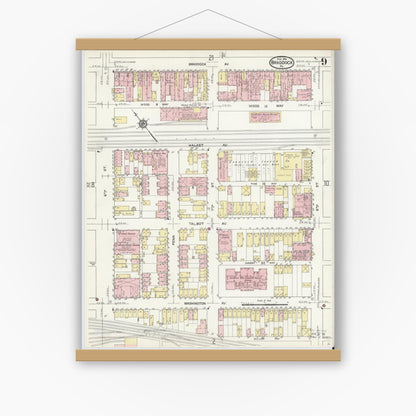Old map wall art mockup — magnetic wood frame on white wall — Sanborn Fire Insurance Map from Braddock, Allegheny County, Pennsylvania (1914), Sheet #0009