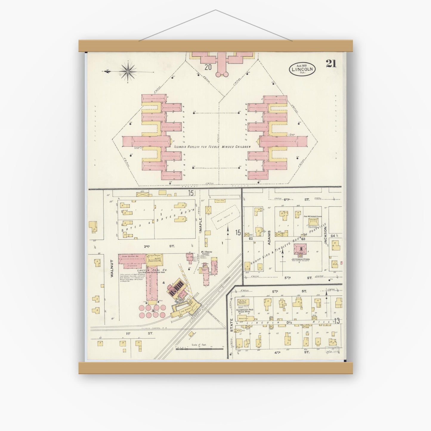 Old map wall art mockup — magnetic wood frame on white wall — Sanborn Fire Insurance Map from Lincoln, Logan County, Illinois (1909), Sheet #0021