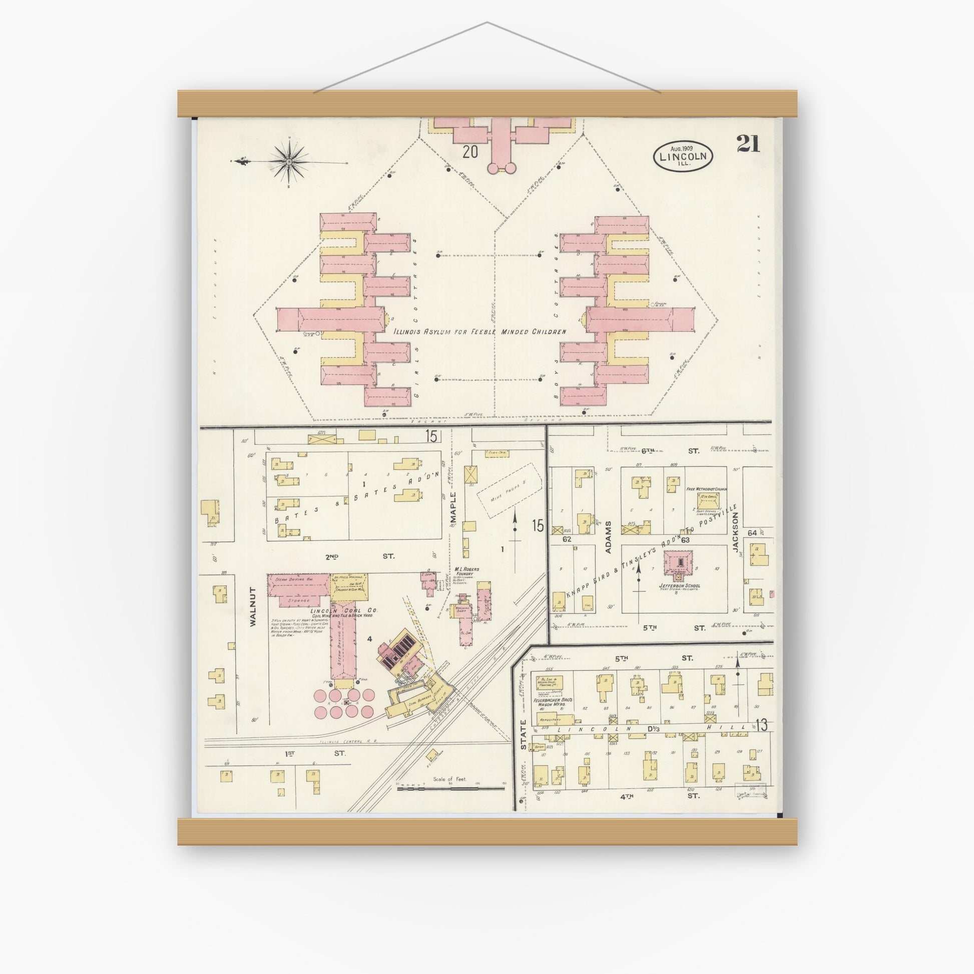 Old map wall art mockup — magnetic wood frame on white wall — Sanborn Fire Insurance Map from Lincoln, Logan County, Illinois (1909), Sheet #0021