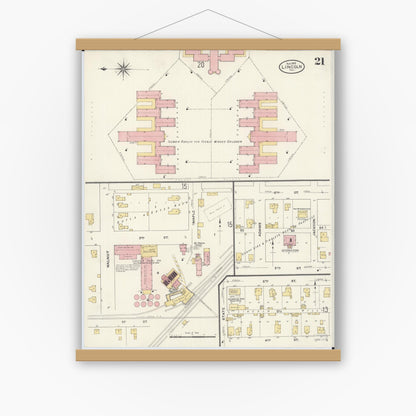 Old map wall art mockup — magnetic wood frame on white wall — Sanborn Fire Insurance Map from Lincoln, Logan County, Illinois (1909), Sheet #0021