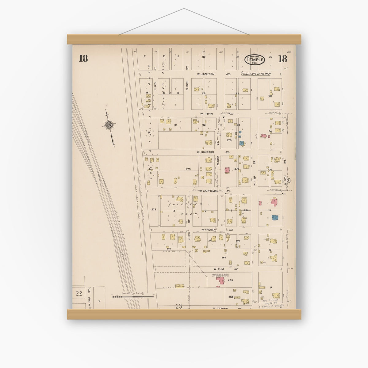 Old map wall art mockup — magnetic wood frame on white wall — Sanborn Fire Insurance Map from Temple, Bell County, Texas (1922), Sheet #0018