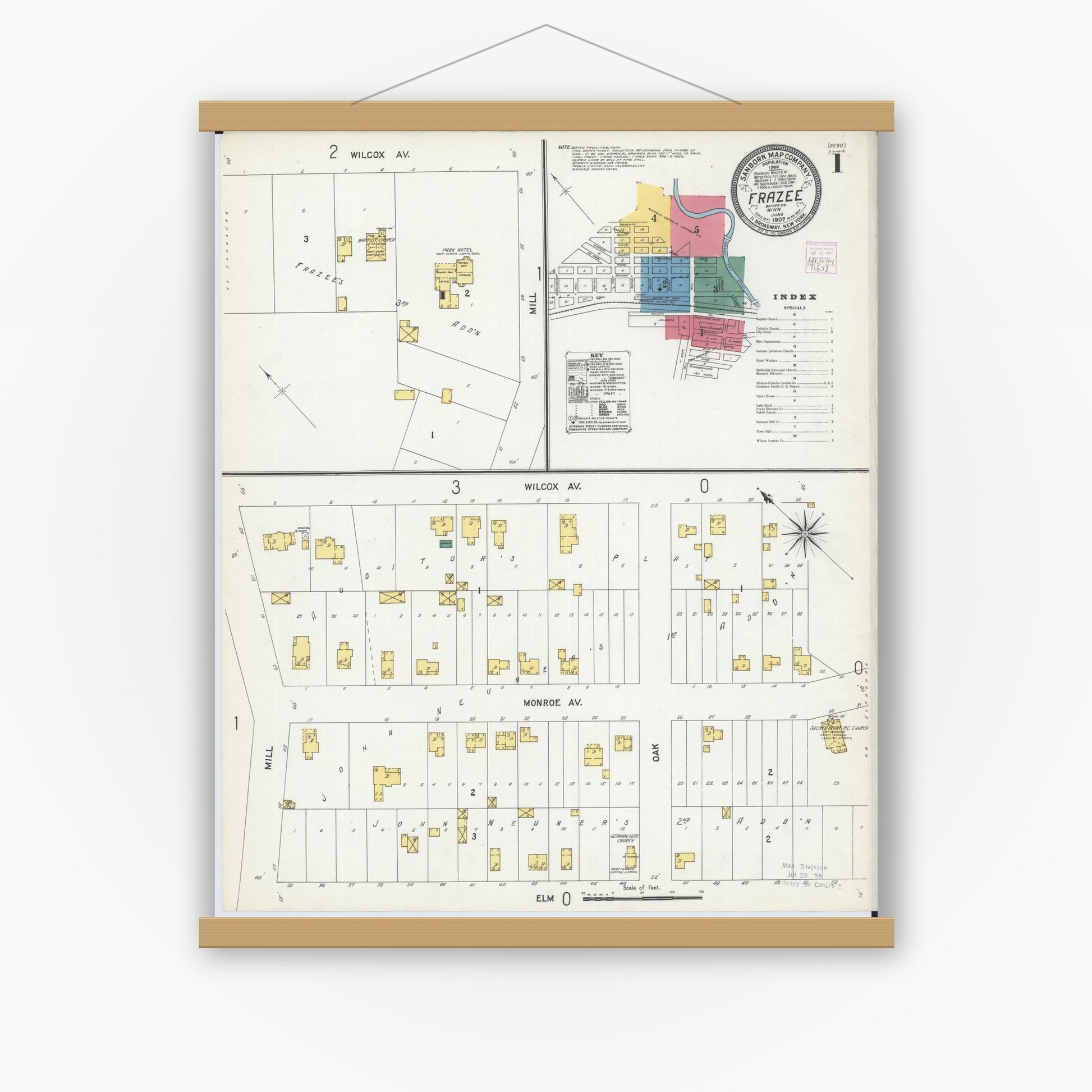 Old map wall art mockup — magnetic wood frame on white wall — Sanborn Fire Insurance Map from Frazee, Becker County, Minnesota (1907), Sheet #0001
