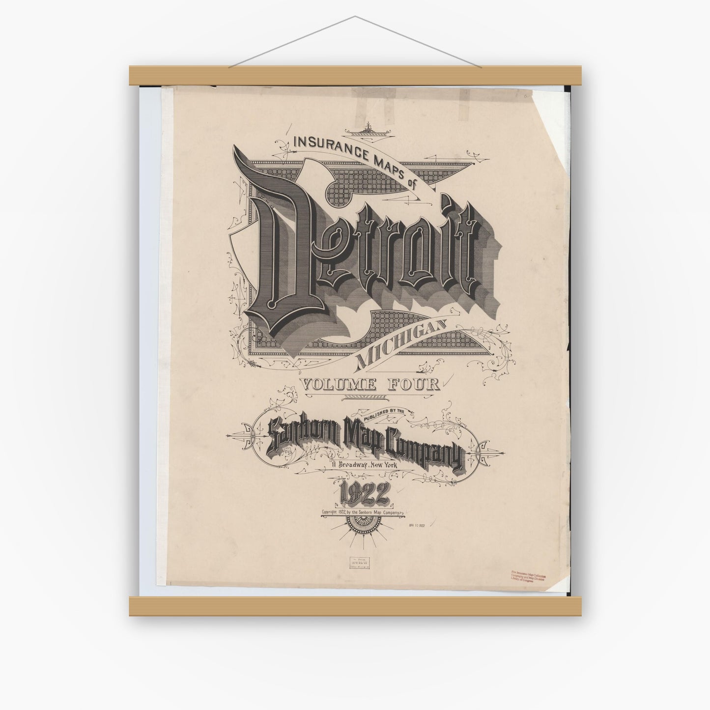 Old map wall art mockup — magnetic wood frame on white wall — Sanborn Fire Insurance Map from Detroit, Wayne County, Michigan (1922), Sheet #0001