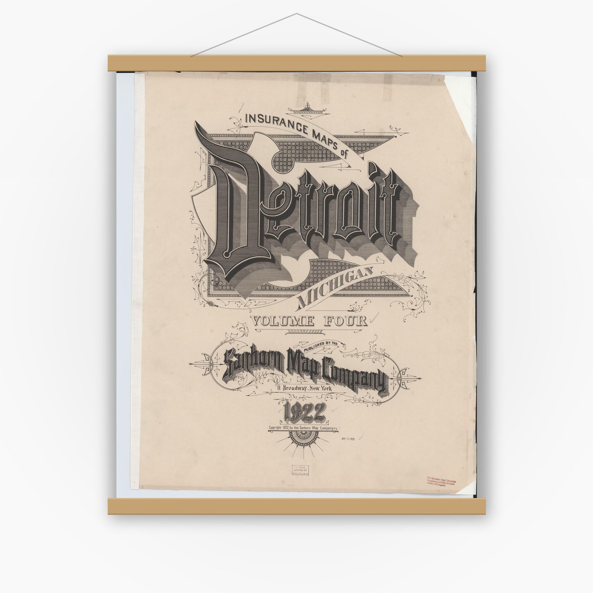 Old map wall art mockup — magnetic wood frame on white wall — Sanborn Fire Insurance Map from Detroit, Wayne County, Michigan (1922), Sheet #0001