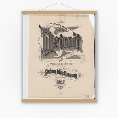 Old map wall art mockup — magnetic wood frame on white wall — Sanborn Fire Insurance Map from Detroit, Wayne County, Michigan (1922), Sheet #0001