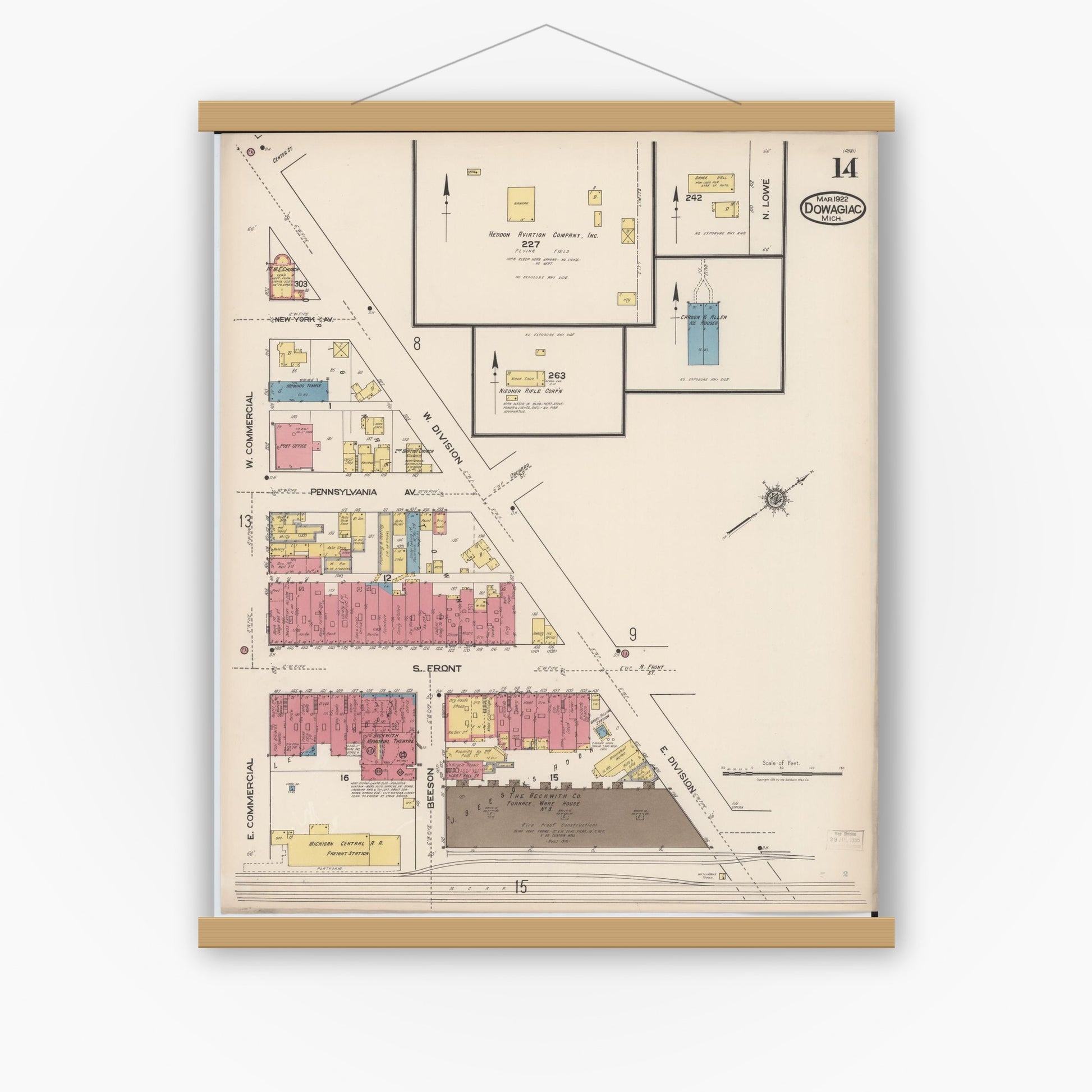 Old map wall art mockup — magnetic wood frame on white wall — Sanborn Fire Insurance Map from Dowagiac, Cass County, Michigan (1922), Sheet #0014