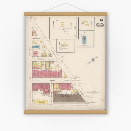 Old map wall art mockup — magnetic wood frame on white wall — Sanborn Fire Insurance Map from Dowagiac, Cass County, Michigan (1922), Sheet #0014
