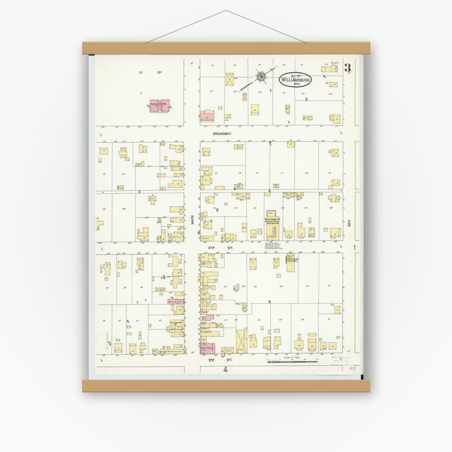 Old map wall art mockup — magnetic wood frame on white wall — Sanborn Fire Insurance Map from Williamsburg, Clermont County, Ohio (1911), Sheet #0003