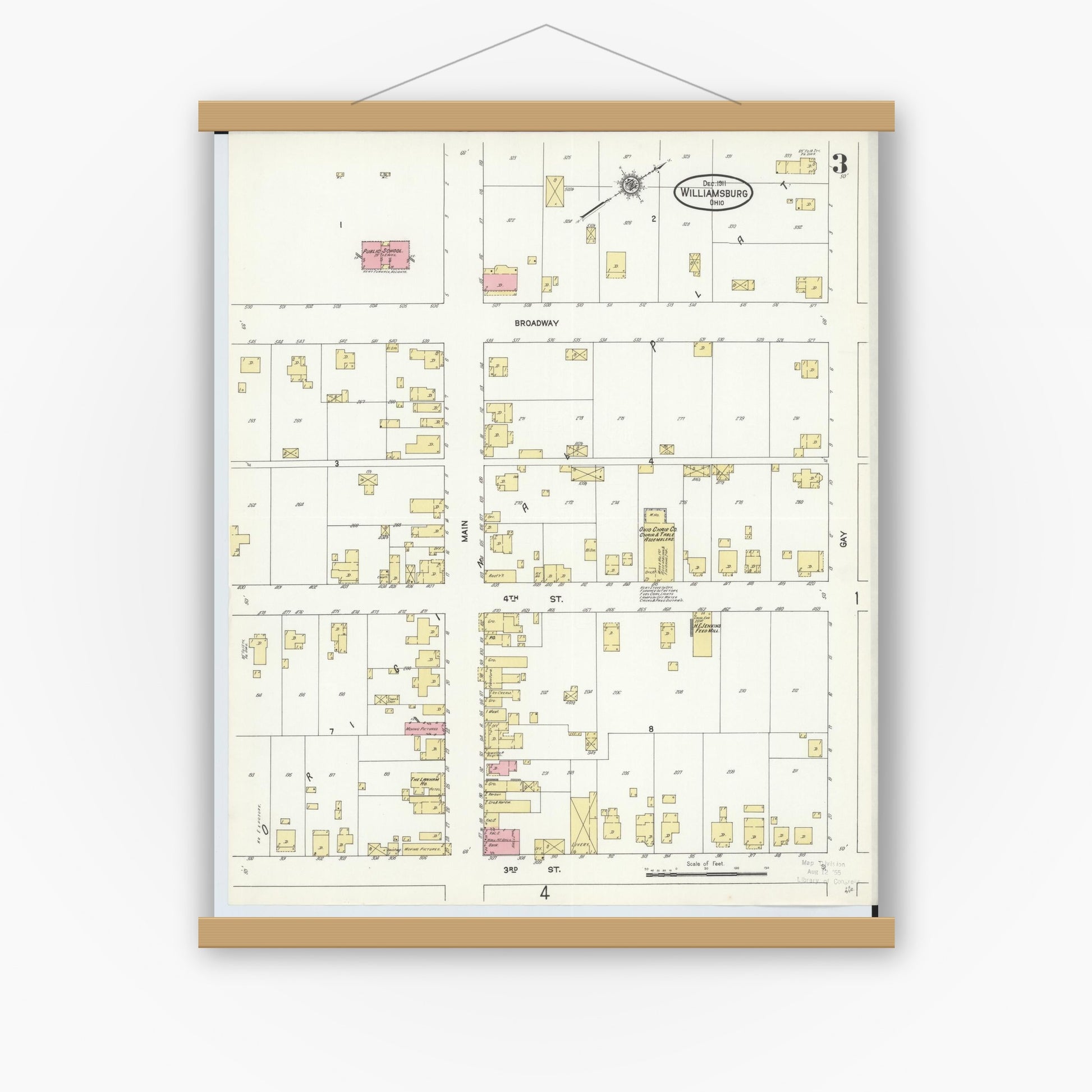 Old map wall art mockup — magnetic wood frame on white wall — Sanborn Fire Insurance Map from Williamsburg, Clermont County, Ohio (1911), Sheet #0003