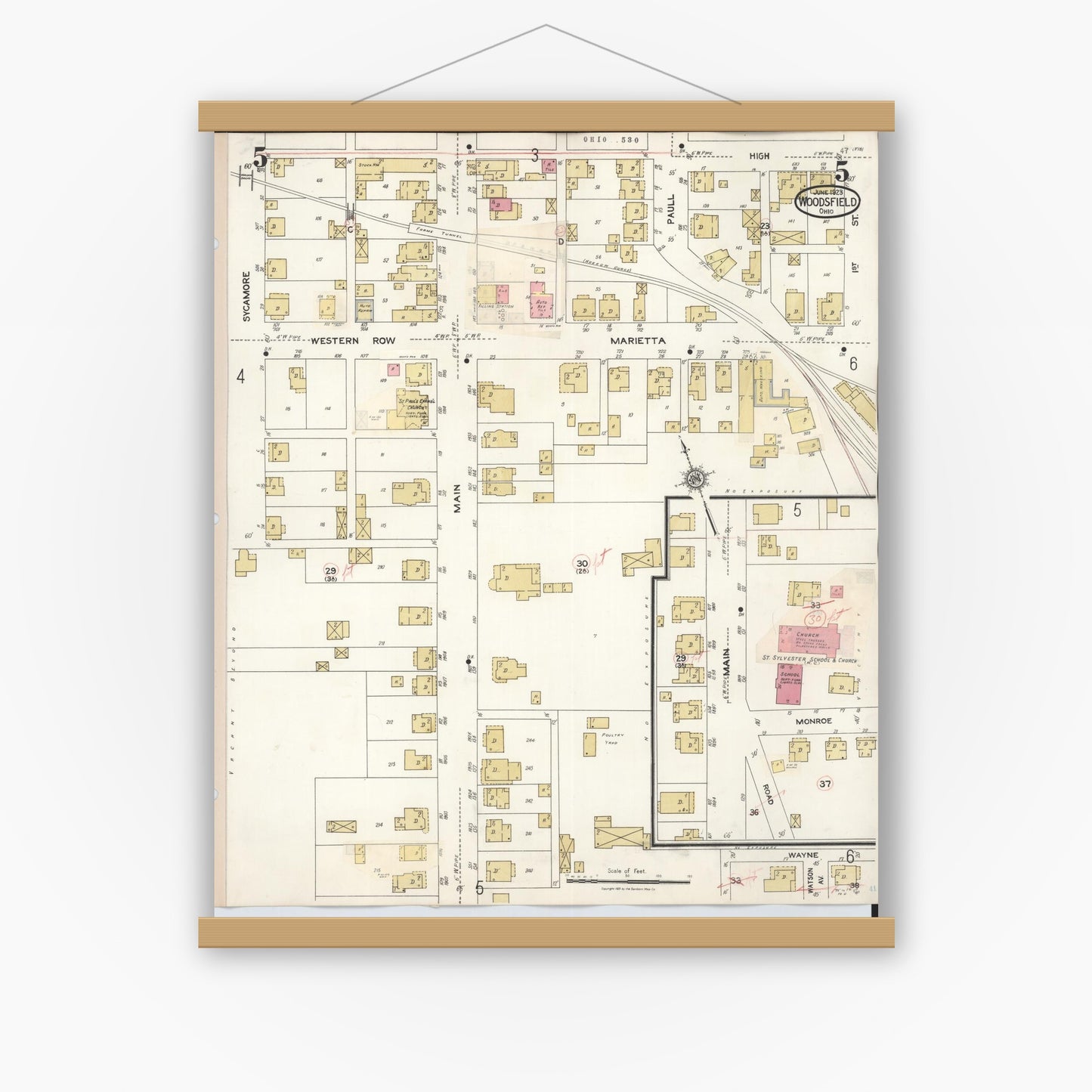 Old map wall art mockup — magnetic wood frame on white wall — Sanborn Fire Insurance Map from Woodsfield, Monroe County, Ohio (1949), Sheet #0005