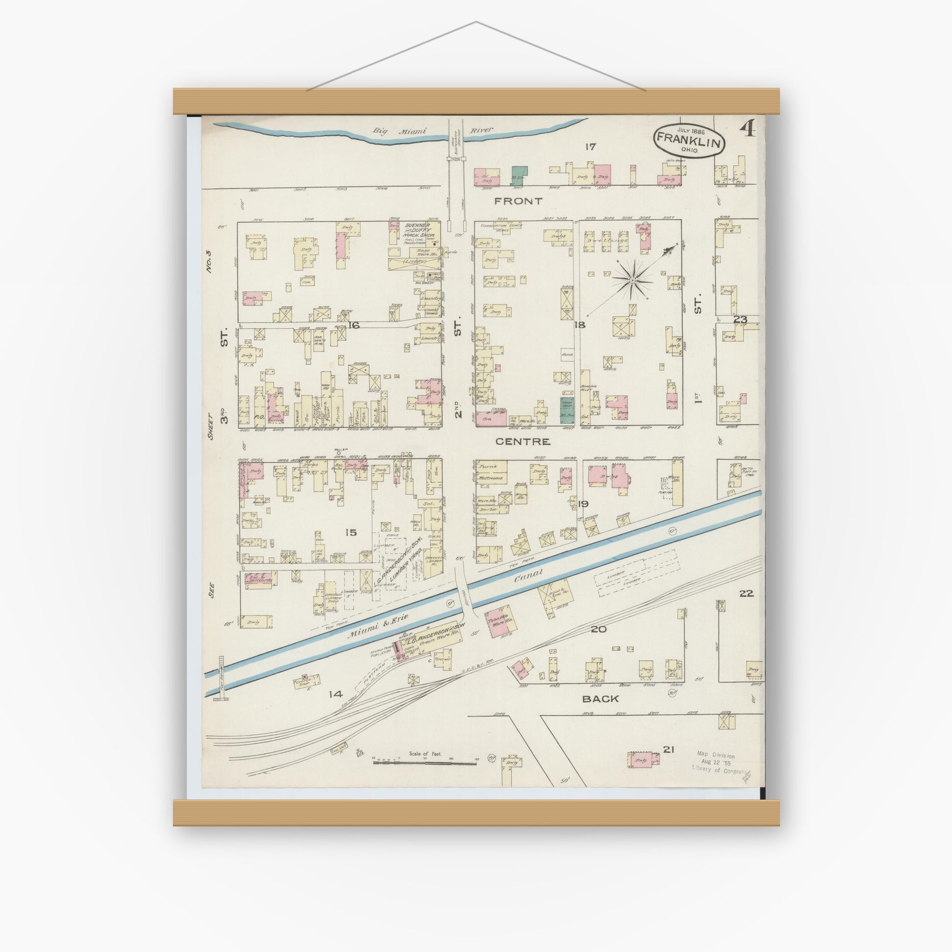 Old map wall art mockup — magnetic wood frame on white wall — Sanborn Fire Insurance Map from Franklin, Warren County, Ohio (1885), Sheet #0004