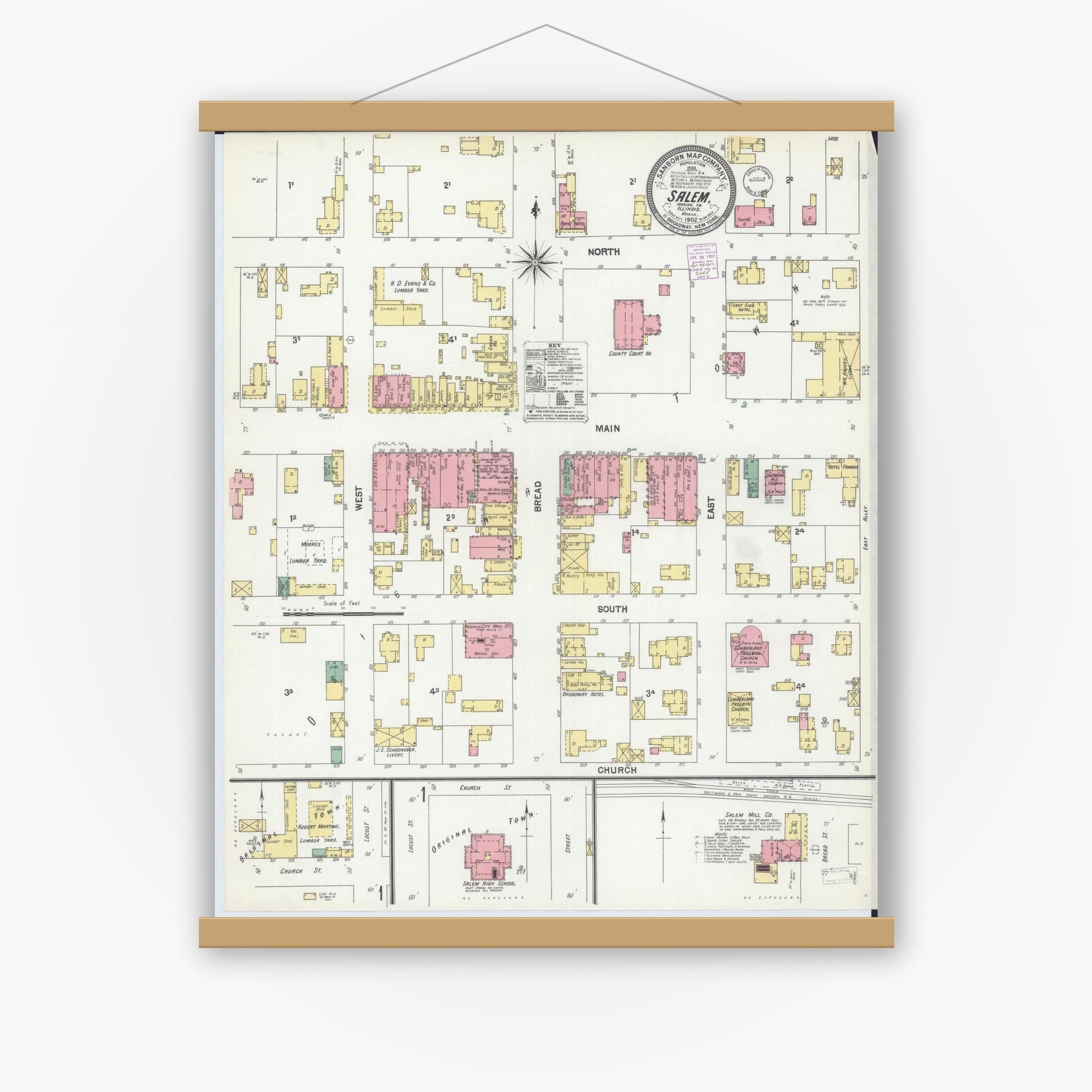 Old map wall art mockup — magnetic wood frame on white wall — Sanborn Fire Insurance Map from Salem, Marion County, Illinois (1902), Sheet #0001