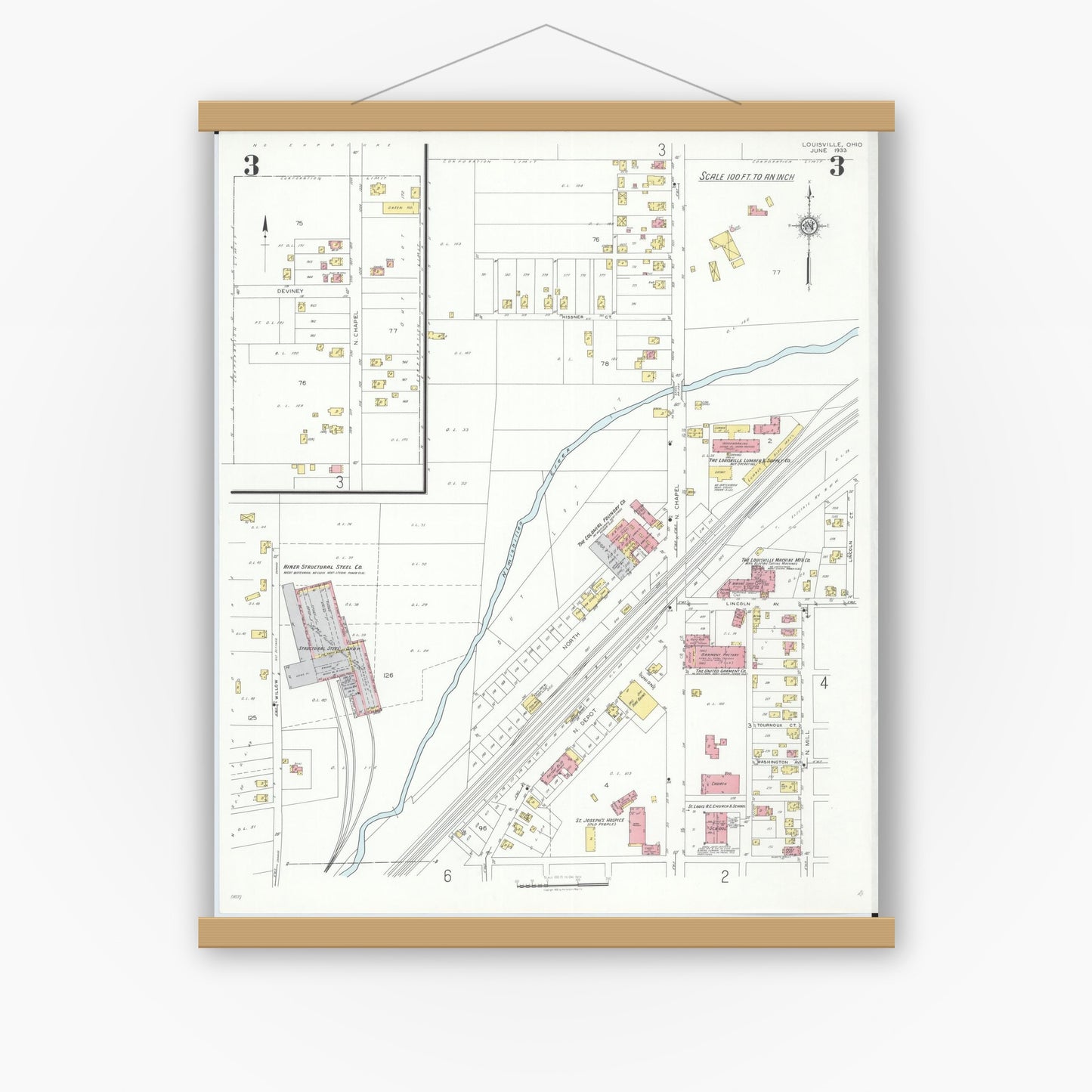 Old map wall art mockup — magnetic wood frame on white wall — Sanborn Fire Insurance Map from Louisville, Stark County, Ohio (1933), Sheet #0003