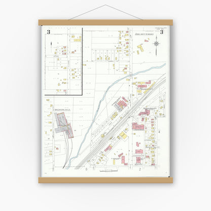 Old map wall art mockup — magnetic wood frame on white wall — Sanborn Fire Insurance Map from Louisville, Stark County, Ohio (1933), Sheet #0003